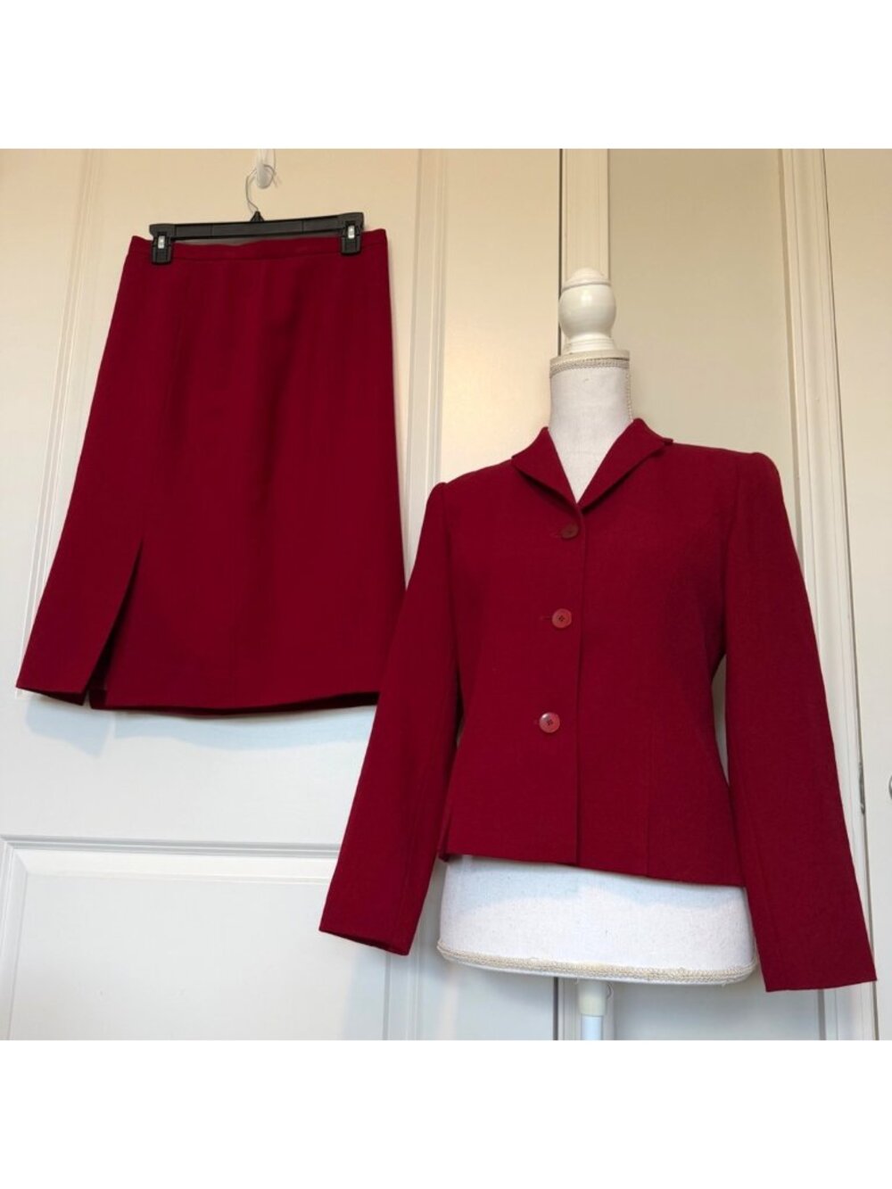 Vtg Talbots Deep Red Skirt Blazer Set Womens Sz 4/8 2 Pc Petite Suit 100% Wool